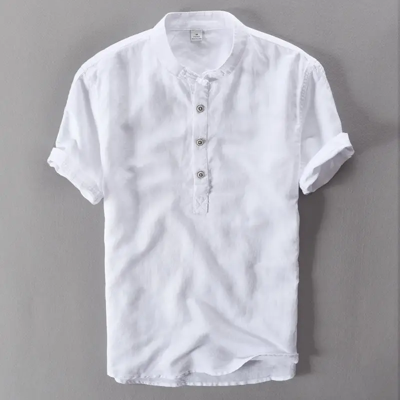 

Men s Cotton Linen Shirts Short Sleeve T Shirt Mens Quality Casual Shirts Slim fit Solid color Mandarin Collar pullover Shirts