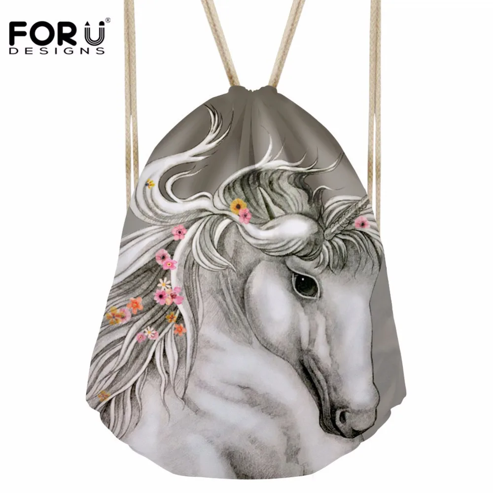 FORUDESIGNS Women Men Horse Printing Drawstring Bag Females Fashion Sport Pouch for Girls Casual Bundle Pocket Mochila Deporte