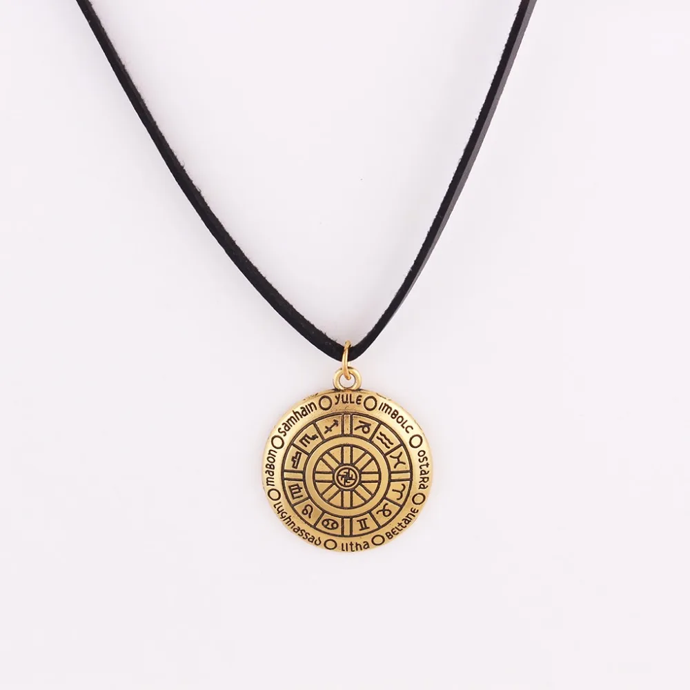 Leather Rope Chain Religions Pattern ZODIAC And Myth Magick Rune Antique Gold Zinc Alloy