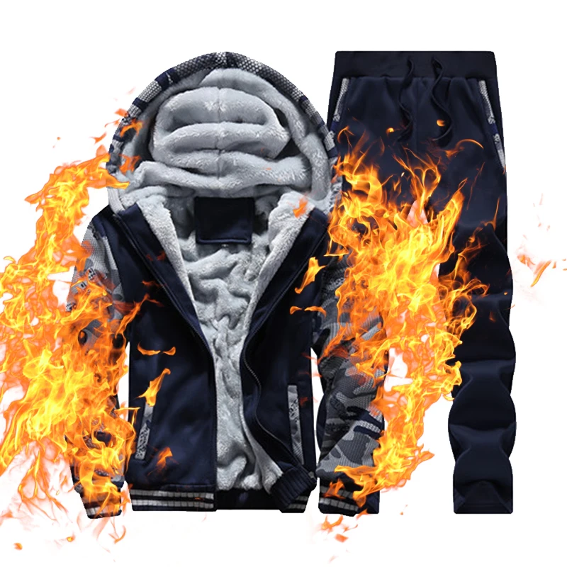 

Winter Casual Tracksuit Men Two Pieces Set Warm Thick Hooded Hoodie Jacket+Pants Fintness Sportswear Branded Men Hoodies Sets