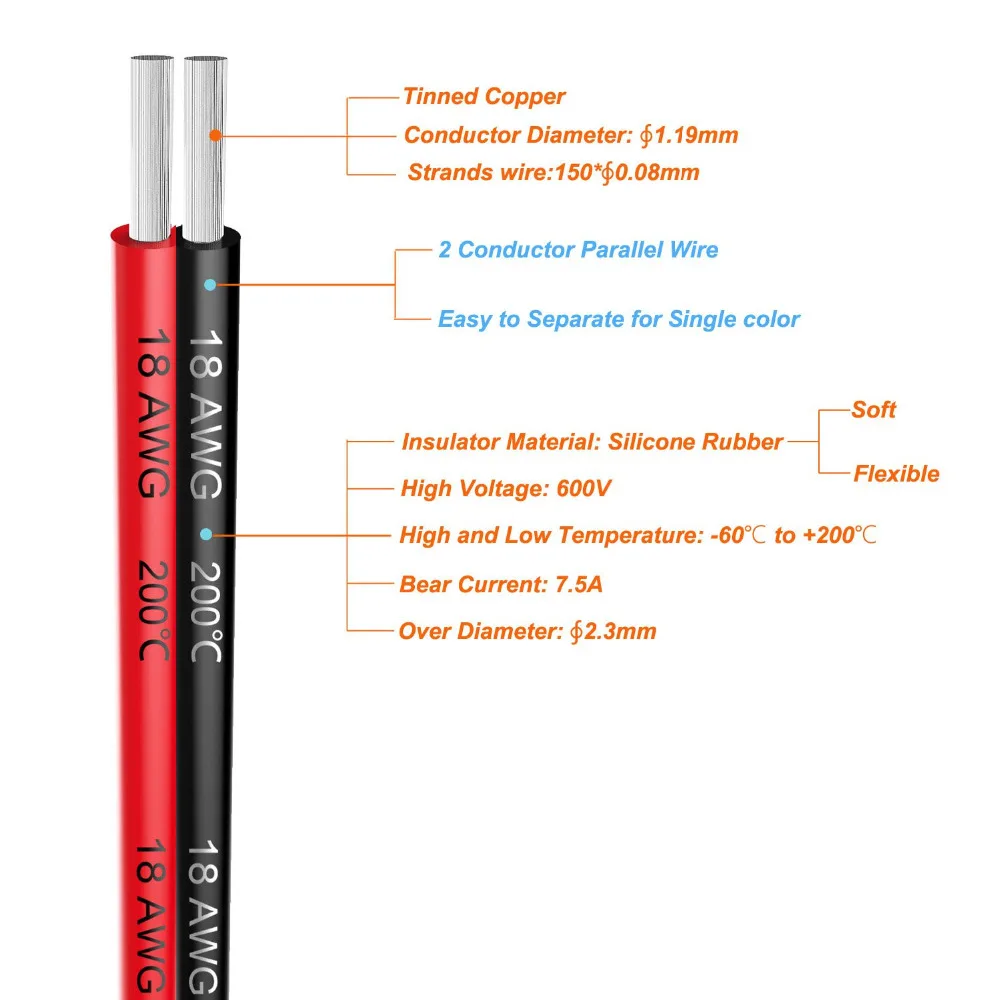2pin удлинитель 18awg Электрический провод с силиконовой оплеткой черный и красный 2 проводника параллельный провод линия мягкая гибкая длина для вас на выбор