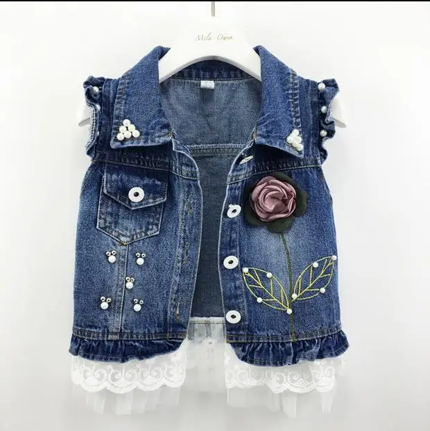 

Fall Baby Girls Vest Coat Toddler Girl Sleeveless Lace Patchwork Denim Jacket 3D Flower Embroidery Pearl Ruffle Kids Waistcoat