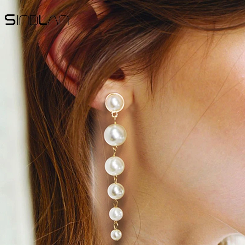 

Sindlan Earrings Fashion Wedding Jewelry Charm Big Pearl Golden Long Pendant Simple Dangle Earrings For Women Bridesmaid Gifts