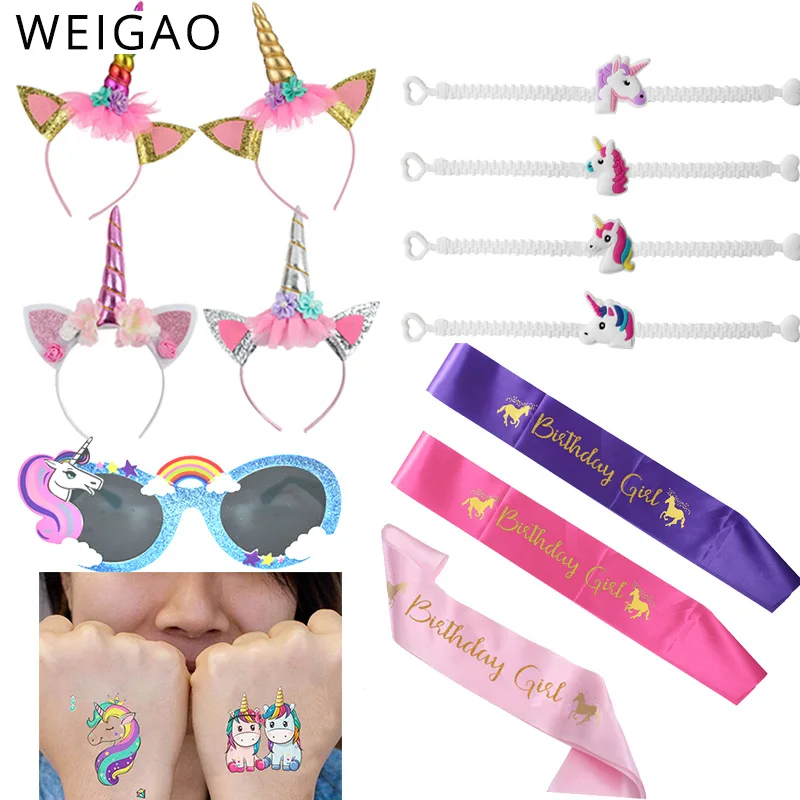

Girls Rainbow Unicorn Flower Headbands Crown Kids Party Satin Sash Photo Props Party Decoration Unicornio Fiesta Favor for Party