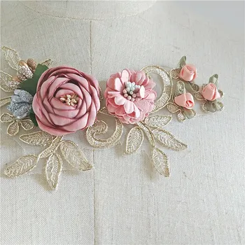 

NEW pink appliques for making evening dress nice! 5 Pieces/lot Gold embroidery rose flowers 3D lace patches!