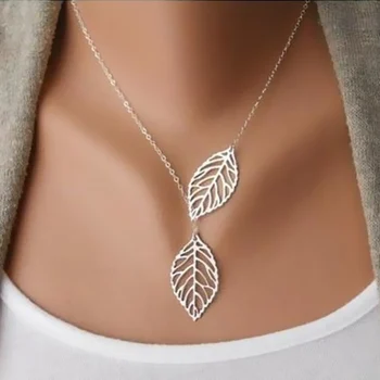 

fashion Clavicle chain Jewelry gold / silver color Two Leaf Pendants Necklace Chain multi layered statement necklaces Women Gift