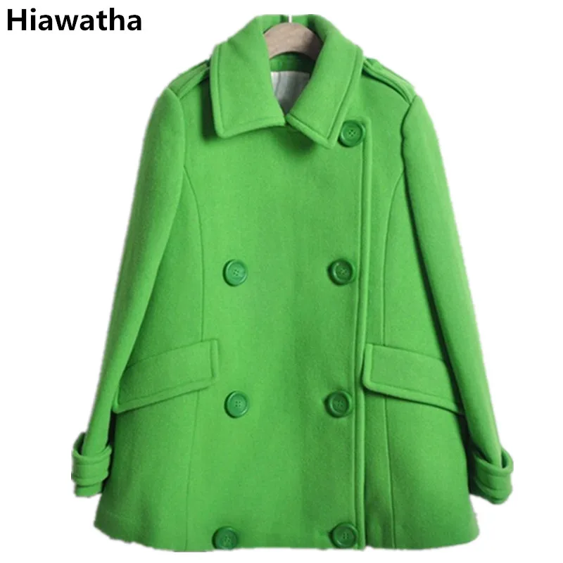 Goede Hiawatha Jas Vrouwen Winter Groen Double Breasted Wollen Jassen Fashion Slanke Turn down Kraag Overjas Vrouwelijke WL003