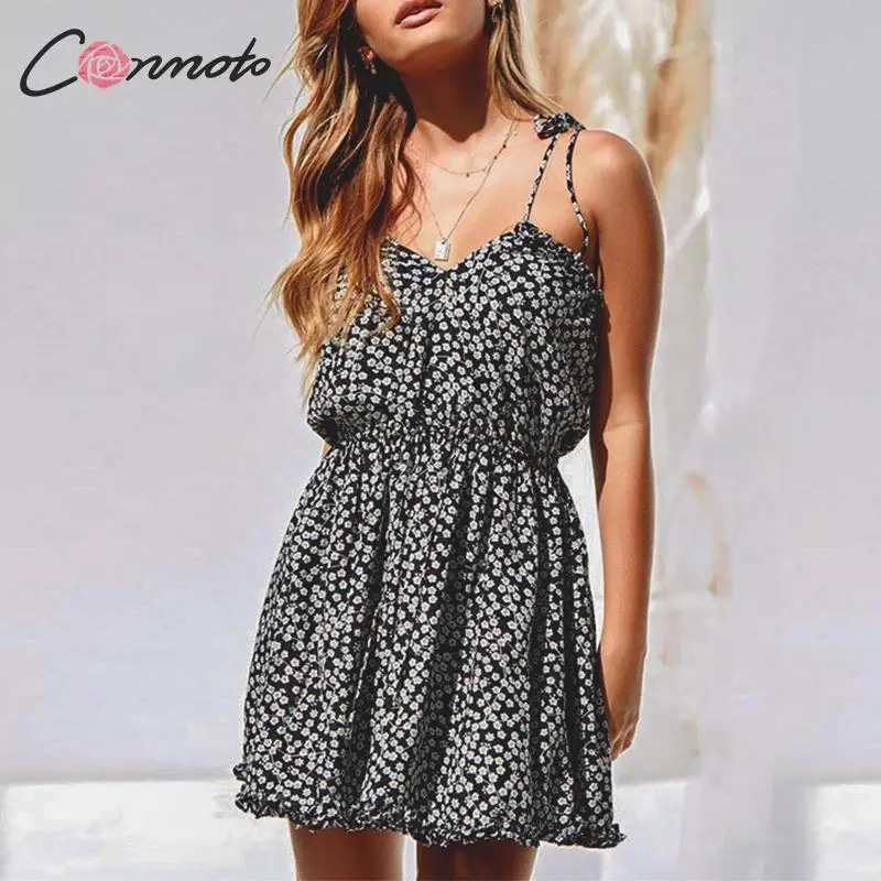 

Conmoto Fashion Casual Strap Floral Print Short Dress Women 2019 Summer High Waist Thin Lace up Sundress Chic Mini Vestidos