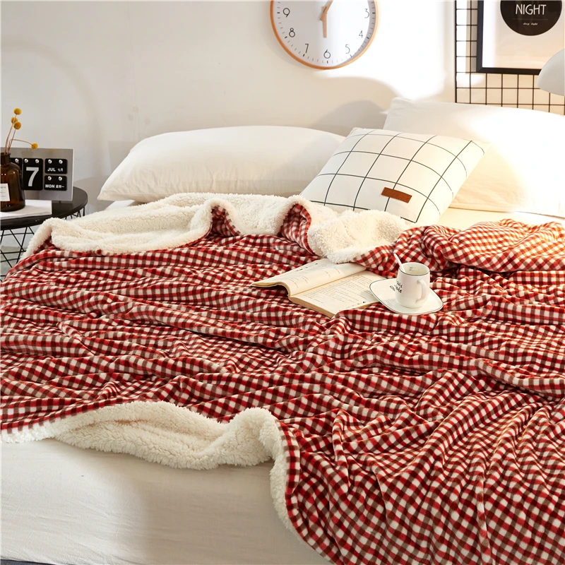 Супер мягкое синее Двухслойное шерстяное одеяло, плюшевое теплое клетчатое покрывало для кровати на осень и зиму 200x230 см