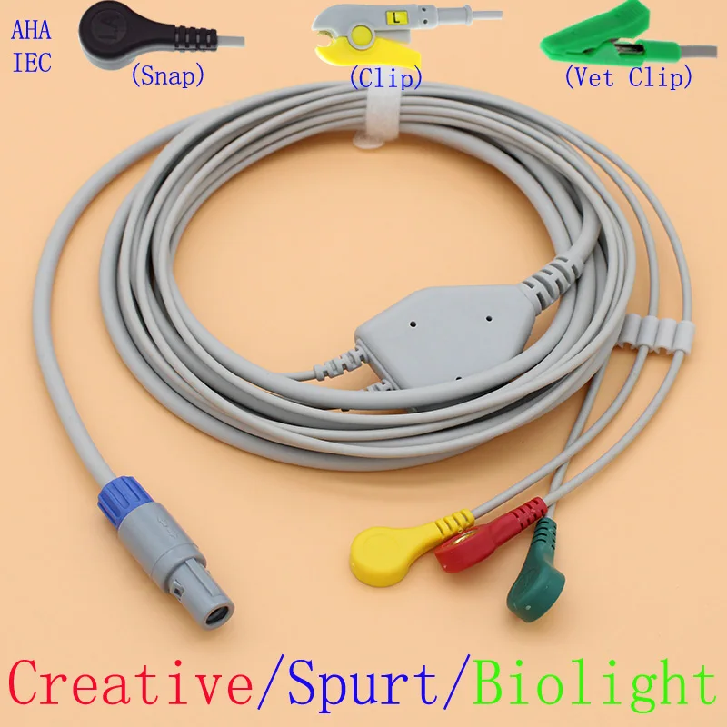 

Redel 6pins ECG EKG 3 leads cable and electrode leadwire for Creative PC9000S,PC9000,UP6000/Spurt/Biolight M12 with AHA/IEC