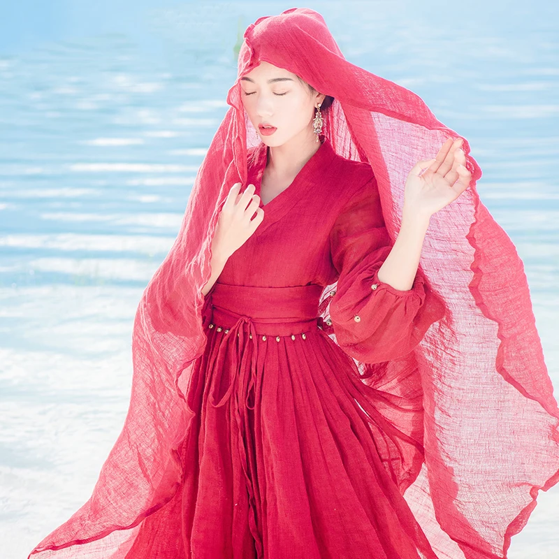 

2018 New Autumn Women Dress Vintage Casual Bohemian Solid Lantern Sleeve Party Beach Dress Red Elegant V-neck Female Vestidos