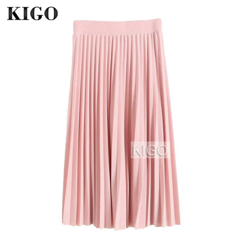 Beste KIGO Plooirok Herfst Winter 2018 Europese Stijl Elegante Tule Plooirok Vrouwen Vintage Midi Hoge Taille Roze Rok KJ0664