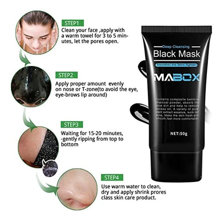 MABOX Bamboo Charcoal Black Mask Face Care Deep Cleansing Purifying Blackhead 3 Steps Black Head Remover Acne Nose Mask