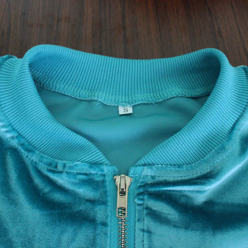 JLI MAY Zipper Bomber Jacket women Turtleneck Velvet long sleeve Solid Color Blue Green Short coat casual winter basic jackets