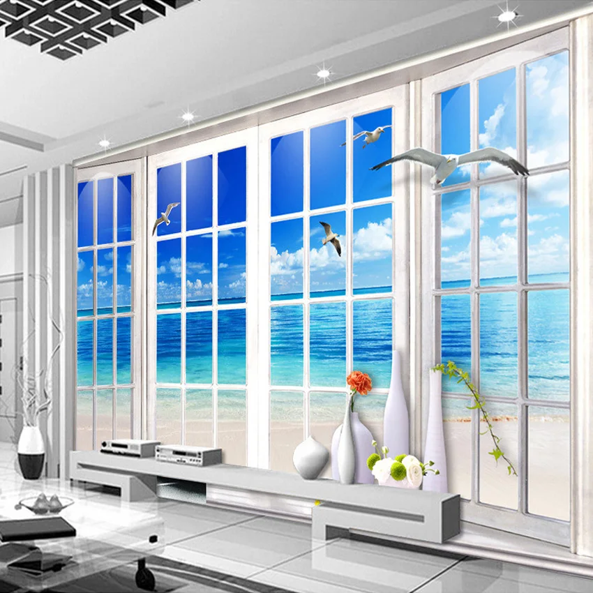 Пользовательские 3D фото стена Бумага пляжные 3D стереоскопического окно пейзаж Гостиная диван ТВ фон настенная Домашний Декор стены Бумага