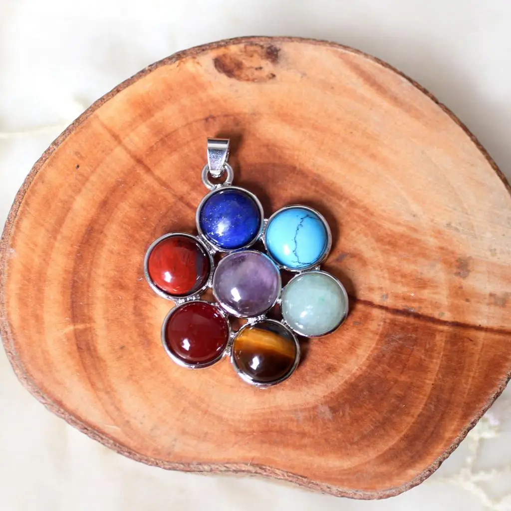 Phenovo Fashion 7 Chakra Colorful Crystal Energy Pendant for lapis lazuli Redstone Pendants Necklace Fashion Jewelry