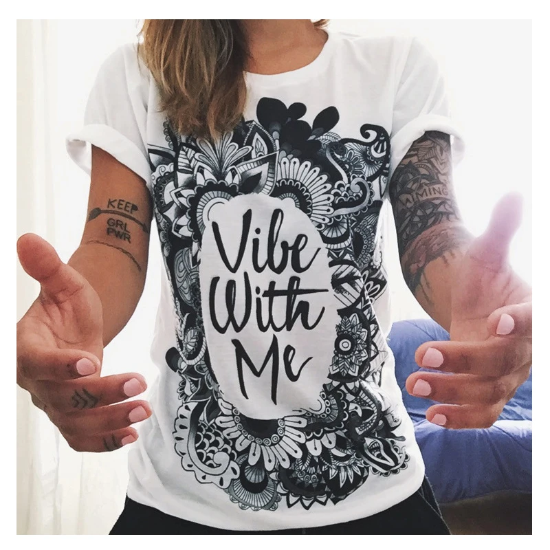 

European T shirt Summer Women 2016 Vibe With Me Print Punk Rock Fashion Graphic Tees Women Designer Clothing