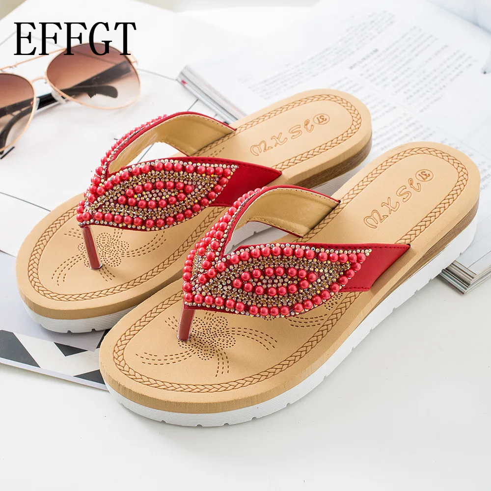 

EFFGT women slippers summer blue color crystal Fashion style beaches flip flops platform sandals open-toed Casual Shoes C167