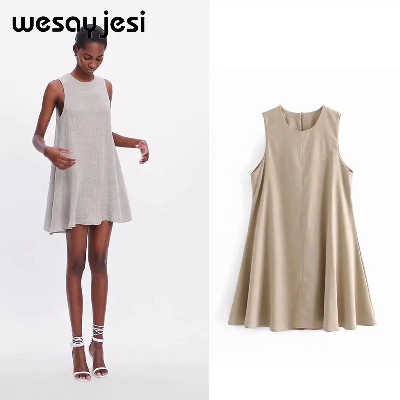 

2019 summer spring dress women vestidos a-line sleeveless solid above knee mini o neck dress vestidos de fiesta party dress