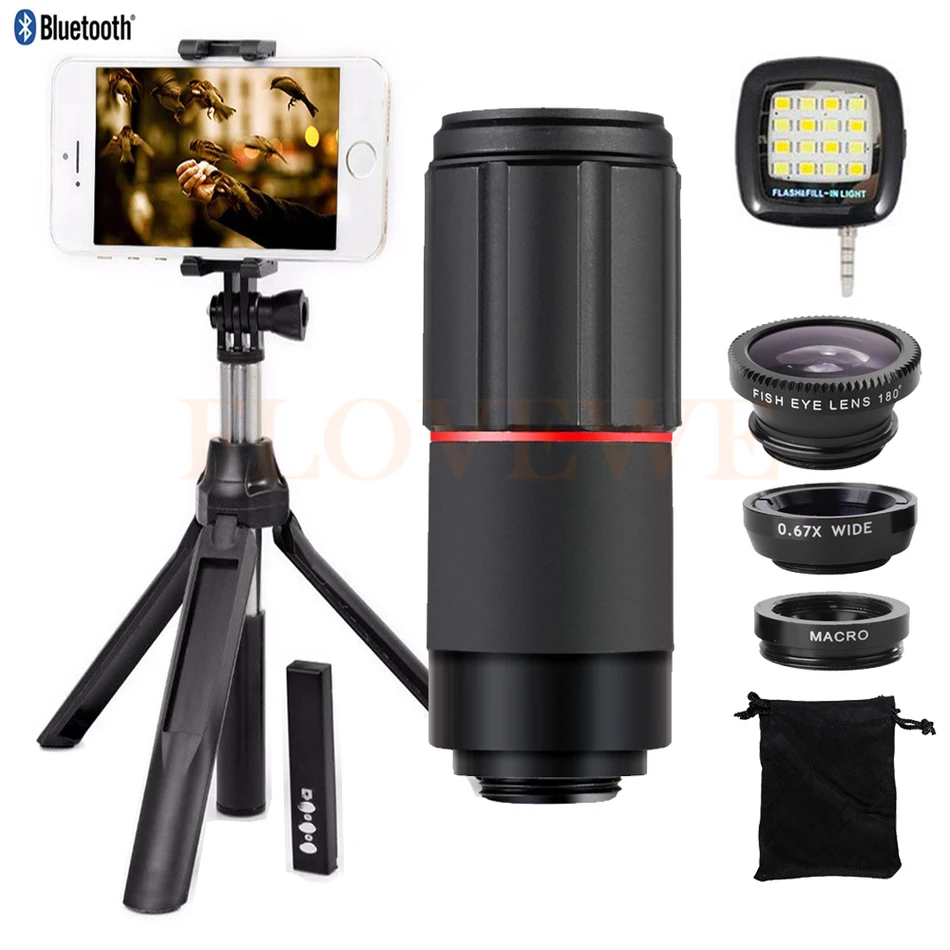 

New Phone Lenses Kit 8X Telephoto Zoom Lens Fisheye Wide Angle Macro Lentes Monopod Tripod Bluetooth Shutter For iPhone 6 6s 7