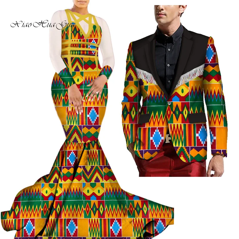 African Mermaid Bazin Riche Dresses for Couples Dashiki African Couple Clothing Women's Dress+Men's Blazer 2 Pieces Set WYQ275 - Color: 2