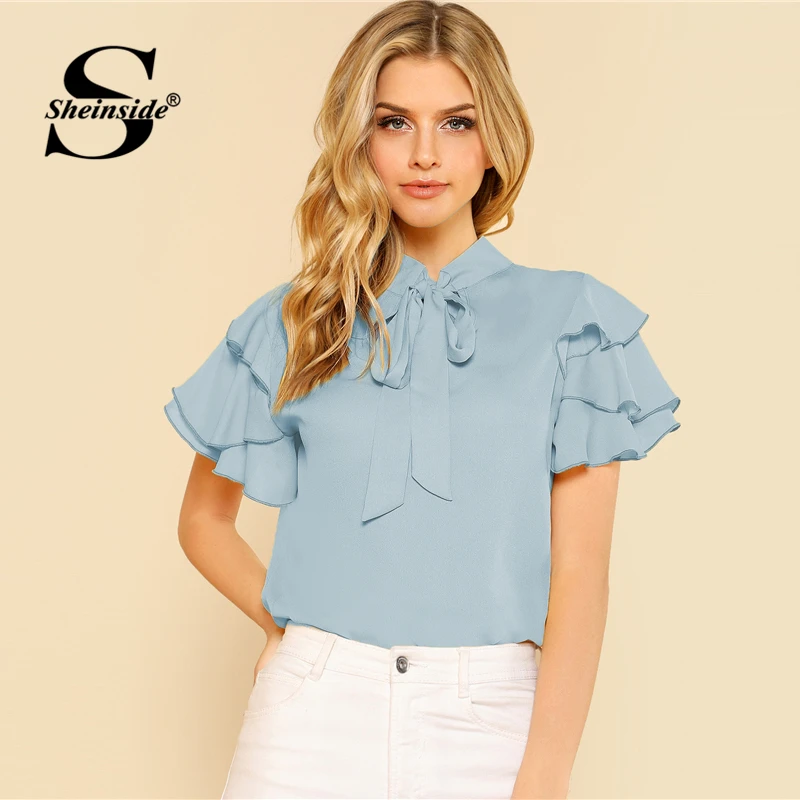Sheinside Tie Neck Layered Flounce Sleeve Top Blue Stand Collar Short Sleeve Blouse Women Summer Ruffle Cut Out OL Work Tops
