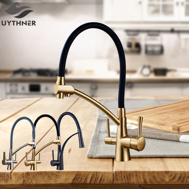 Special Offers Uythner Kitchen Purification Flexible Rotated Kitchen Faucet Dual Spout Dual Handles Mixer Tap Hot and Cold Pure Water Mixer