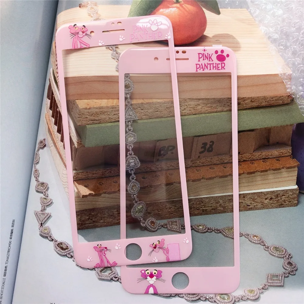 Милый мультфильм Розовая пантера изогнутые края Цвет волокно Закаленное стекло пленка для iPhone 6 6s 7 8 плюс экран протектор полное покрытие