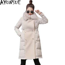 Европейский стиль, высокое качество, женская зимняя куртка, большой воротник из натурального Лисьего меха, женское модное пуховое пальто, Лоскутная длинная парка ST517