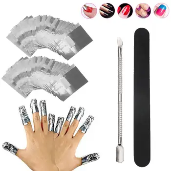

200Pcs Aluminium Foil Nail Polish Remover Wraps Kits Soak Off Gel Remover Foils +Nail Wraps Nail Cuticle Pusher+ Nail File