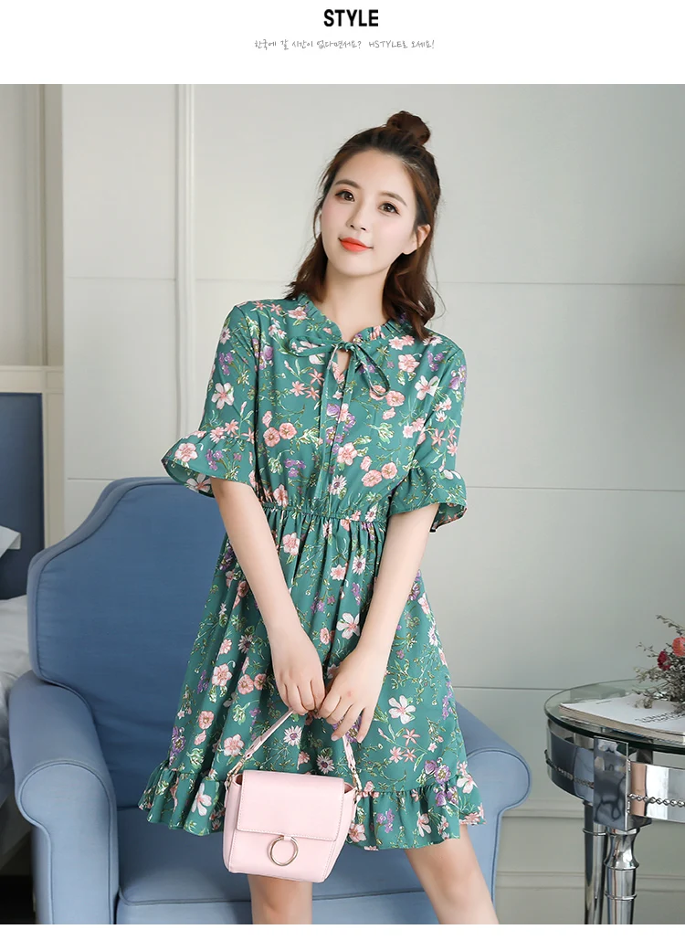 2018送料無料新ファッション花柄シフォンサマードレス甘い薄いスリム女性のワークウェアプリントドレスカジュアルかわいいホット