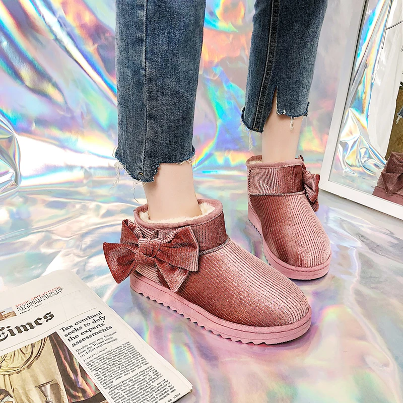 

Tangnest 2018 Winter Snow Boots Velvet Flock Inside Warm Women Ankle Boots Slip On Bowtie Cute Casual Flats Shoes Woman XWX7052