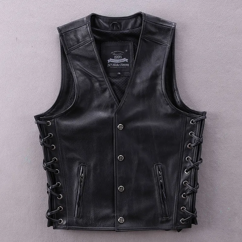 Vache Mince De Jeunes Moto Courte Décoration Sans Véritable Hommes Gilets Chaîne 2019 Noir Peau Locomotive Manches Cuir Veste T1FKclJ3
