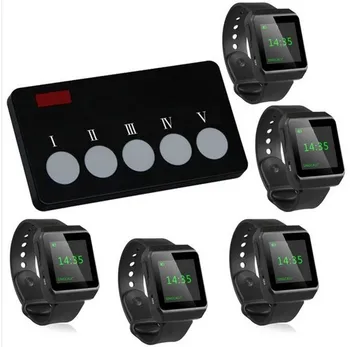 

FREE SHIPPING! 5 Watch pagers+1 multi function call button,waiter call,Bank/hotel/KTV/Salon/factory/office wireless service