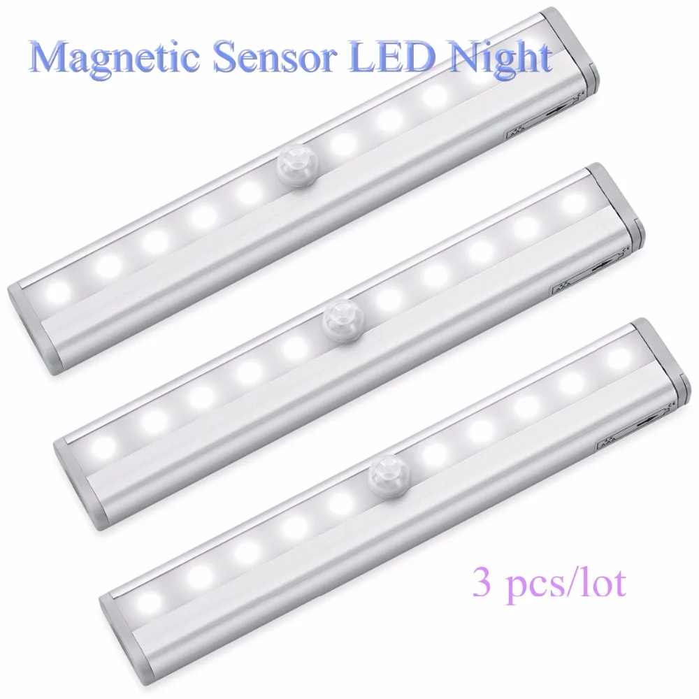 

3pcs Metal 10 LED Lamp Strip Stick-on Anywhere Portable Wireless Cabinet Sensor Night Light Bar with Magnetic Strip Led Light