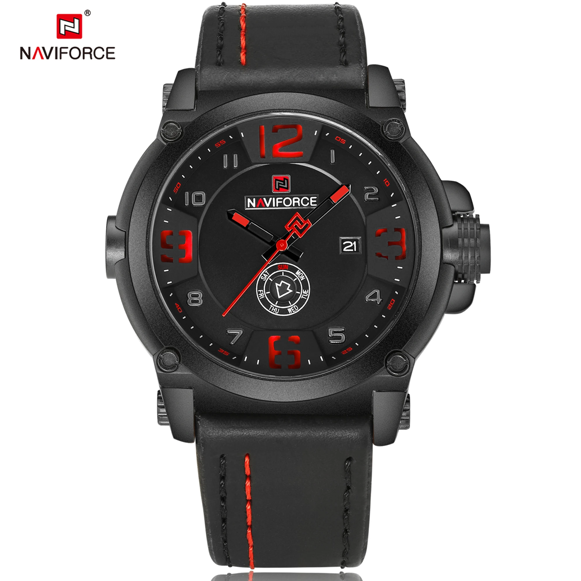 NAVIFORCE, модные, спортивные, 3 АТМ, водонепроницаемые, дата, неделя, кварцевые, кожа, мужские часы, часовое время, Relogio Masculino,, черные, Новинка