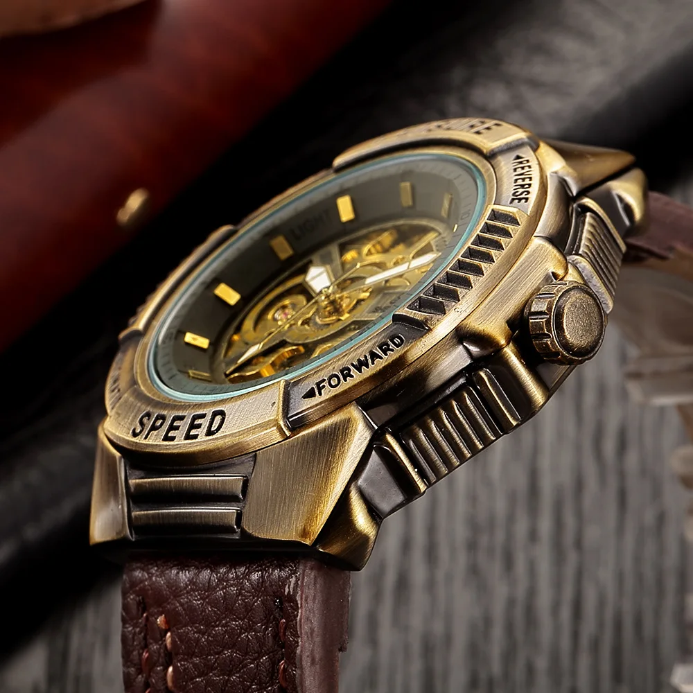 Steampunk من ساعات آلية الرجال التلقائي الذاتي لف الرجال المعصم الرجعية البرونزية الهيكل العظمي شفافة الذكور ووتش ساعة رجل