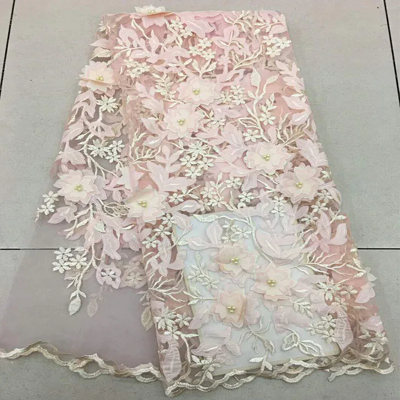 

3D Embroidery Lace Fabrics In Peach, High Quality Flower Lace Fabric For Dress, Nigeria Tulle Lace Fabric For Wedding