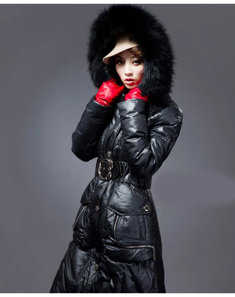 Длинная зимняя женская куртка-пуховик с капюшоном, пуховик с гусиным пухом, большой меховой воротник, модные роскошные женские куртки, облегающие D00163 KJ2611