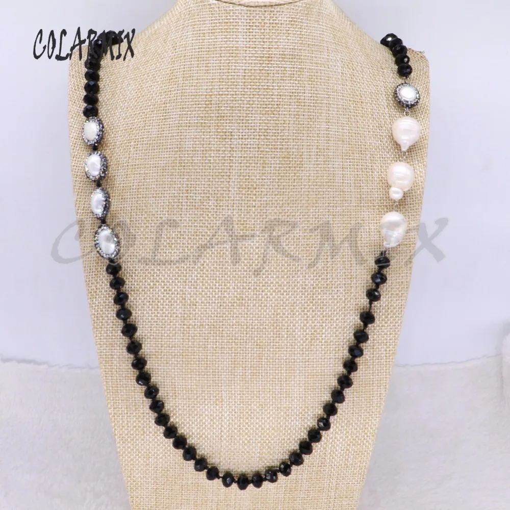 

Wholesale Bohemia big crystal beaded necklace Black color handmade jewelry necklace with natural pearls necklace 3951