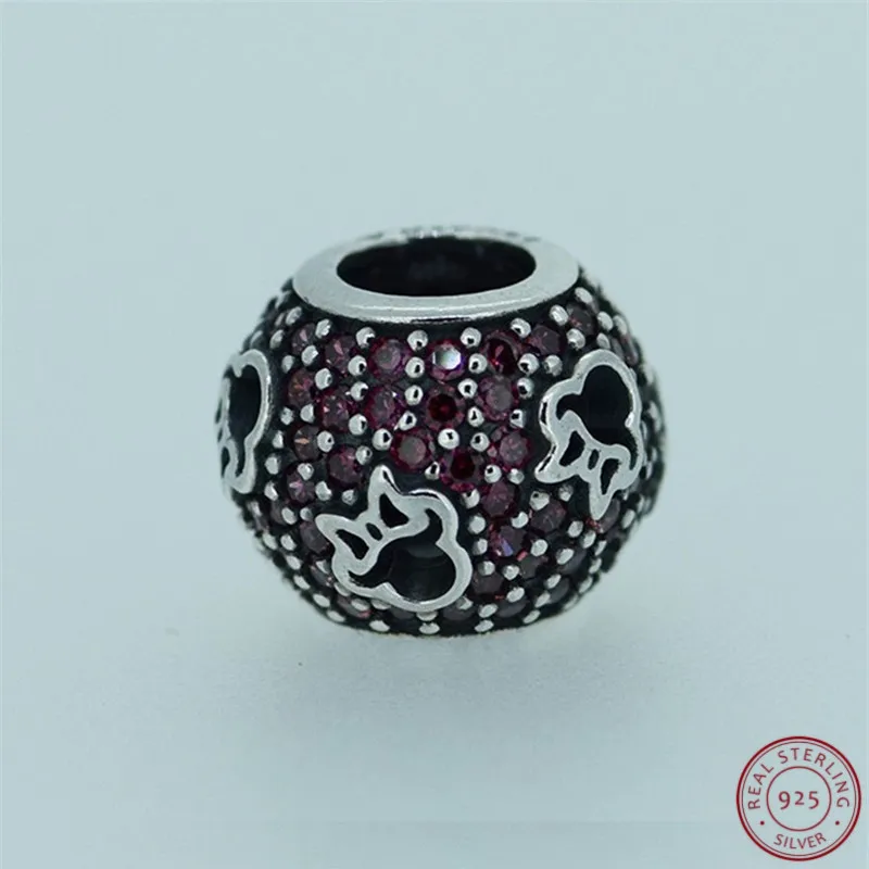 925 Sterling Silver Minnie Silhouettes Charm Beads for Women Pave-set Red CZ Fit Pandora Bracelet DIY Jewelry Making FL180