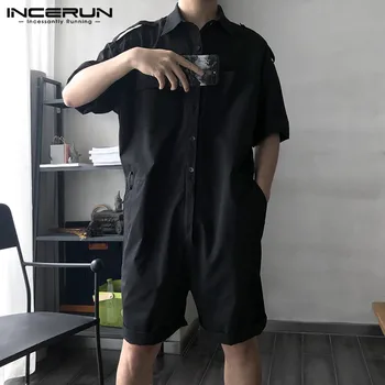 

Fashion Men Cargo Overalls With Belt Half Sleeve Jumpsuit Solid Rompers Casual Playsuit Shorts Men Streetwear Harajuku INCERUN