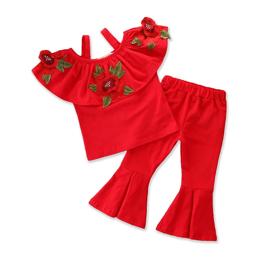 Комплекты одежды из 2 предметов для маленьких девочек летняя белая блузка с розами для маленьких девочек костюм с расклешенными брюками комплект модной детской одежды - Цвет: red