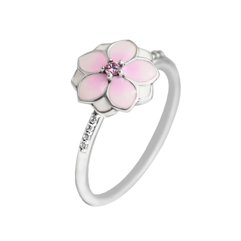 Argent 925 Sterling Silver Magnolia Bloom Rings, Pale Cerise Enamel