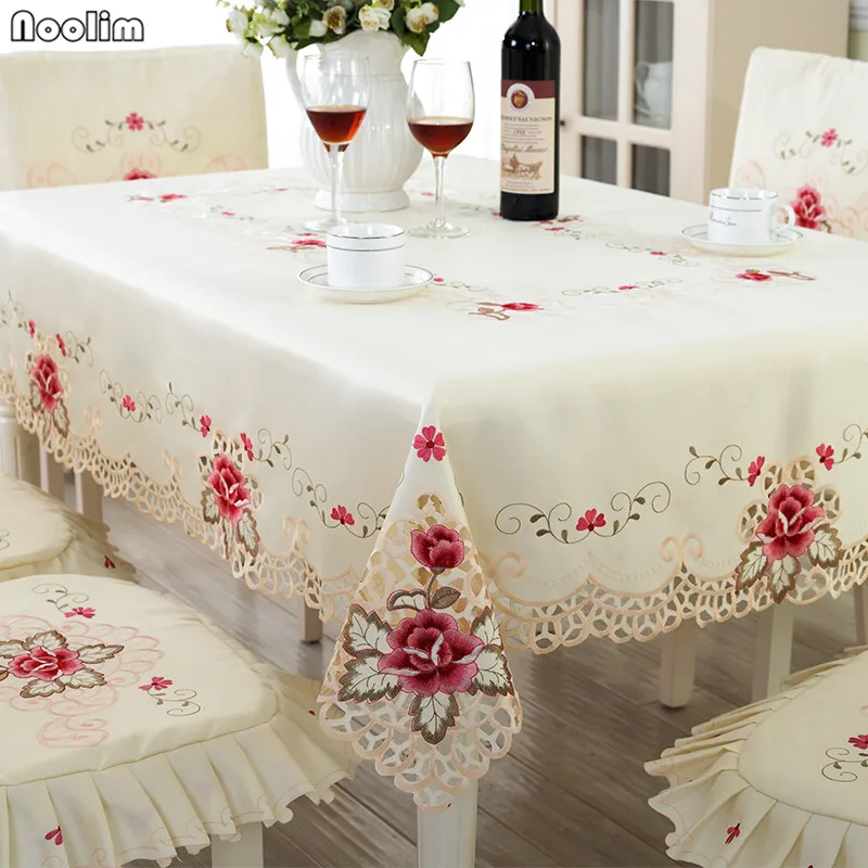 

NOOLIM High Quality Europe Style Wedding Table cloth Embroidered Floral Lace Edge Dustproof Cover for Table Home Table Cloth
