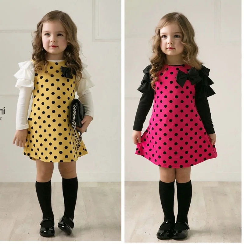 

New 2017 spring&Autumn dot girls' dresses, children's clothes, children's princess gauze clothes, girl dress,petal sleeve ,bow