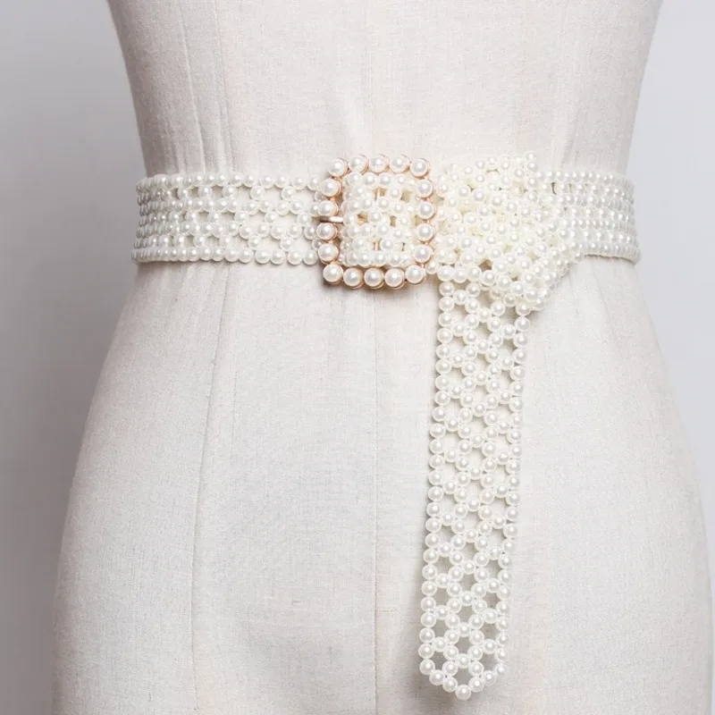 

[EWQ] Women's elastic pearl belt Korean version of the wild wide waist seal decorative rhinestone belt QJ05300