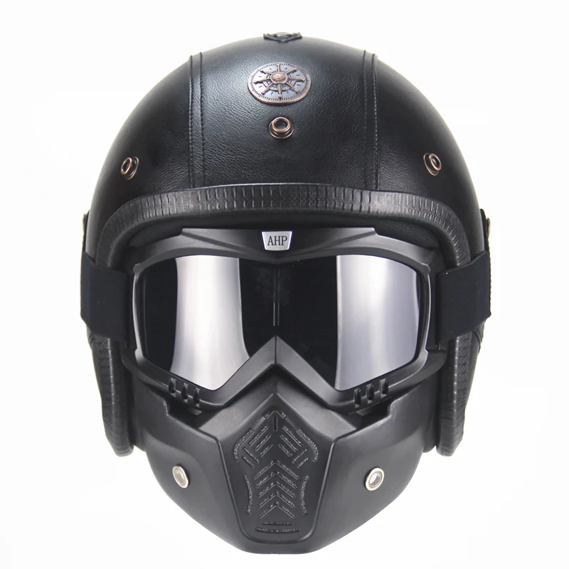

Free shipping PU Leather Helmets 3/4 Motorcycle Chopper Bike helmet vintage motorcycle helmet with goggle mask