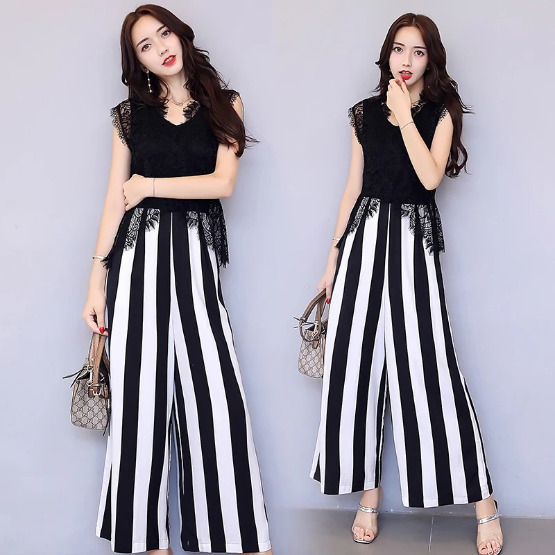 2018 Spring and Summer Sexy Lace Patchwork V-neck Sleeveless Rompers Black and white Striped Wide leg pant Jumpsuit H40207
