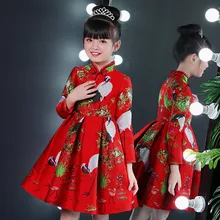 Платье с вышивкой и красной короной кран Тан зимнее утепленное детское платье hanfu Qipao Осенняя новая одежда в китайском стиле для девочек на год
